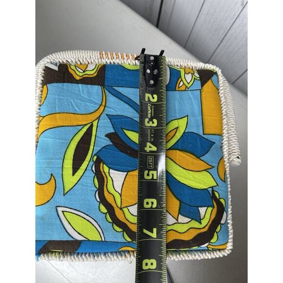 Vintage 70s Sewing Basket Retro Square Woven Blue Green Floral Psychedelic Japan - Picture 7 of 11